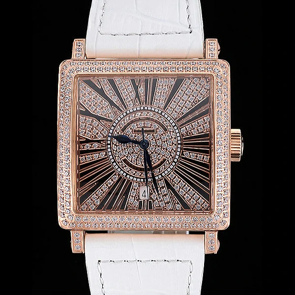 Franck Muller Master Square Diamonds Dial Diamonds Case Roman Numerals White Leather Band new60258