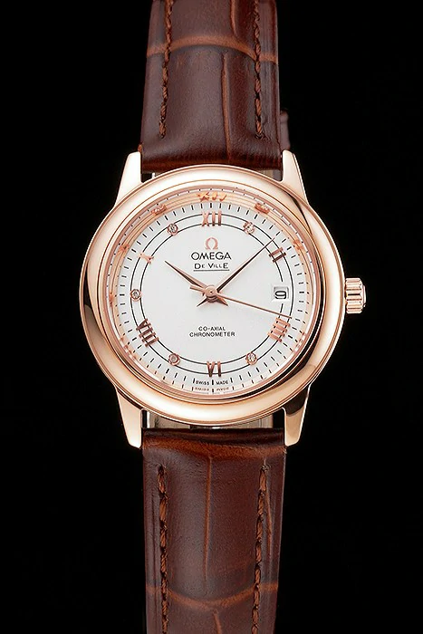 Omega De Ville Prestige Ladies White Dial Rose Gold Case Brown Leather Strap new123370