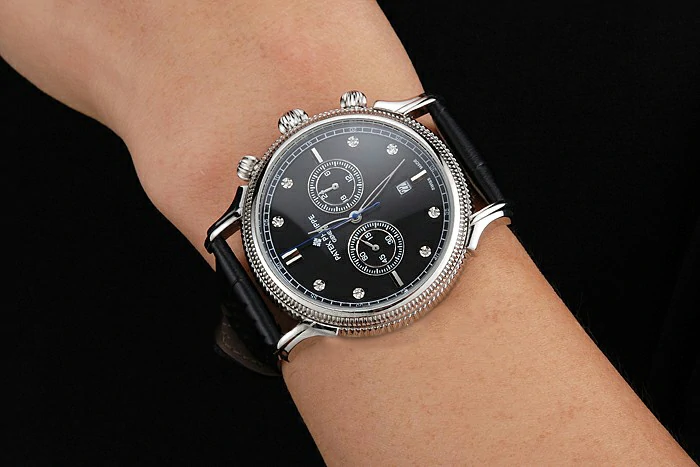 Patek Philippe Chronograph Black Dial With Diamonds Stainless Steel Case Black Leather Strap new122952