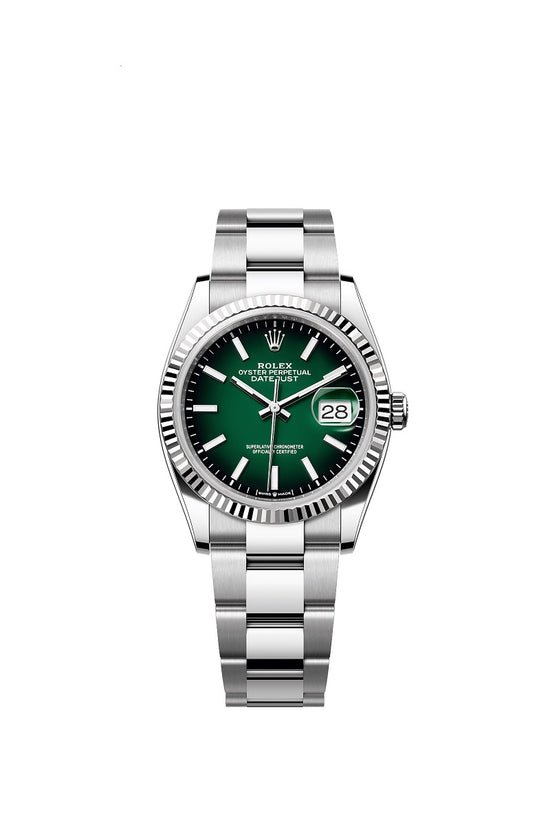 Rolex Replica Watch Datejust 36, Oystersteel and 18k White Gold, Green ombré dial, Fluted Oyster, 126234-0060